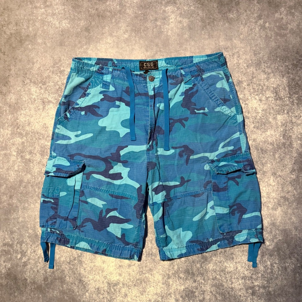 Y2K CSG Mens Blue Camo Cargo Shorts Size 40 Champs Sports Gear Ripstop Baggy